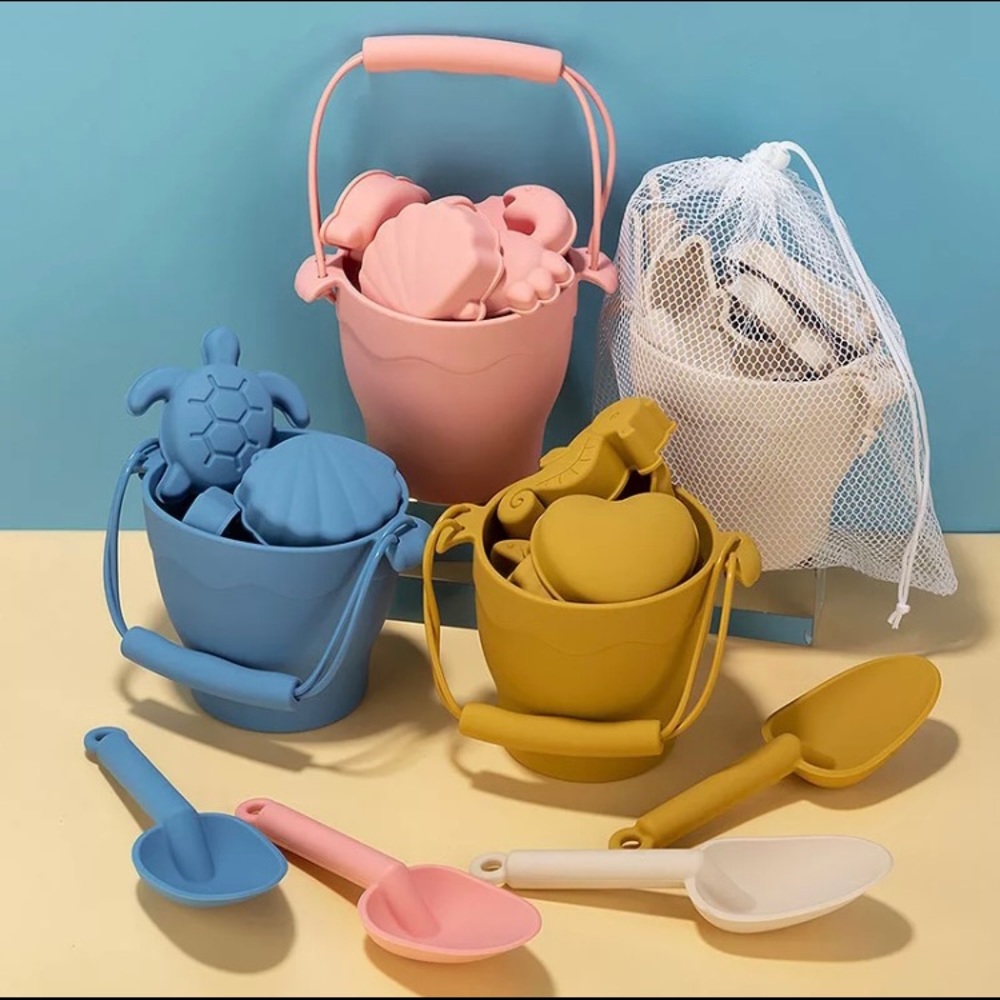 Pink Silicone Sand Toys Beach Bucket Shovel 6 Molds Kids Summer BPA Free NEW - Picture 2 of 2